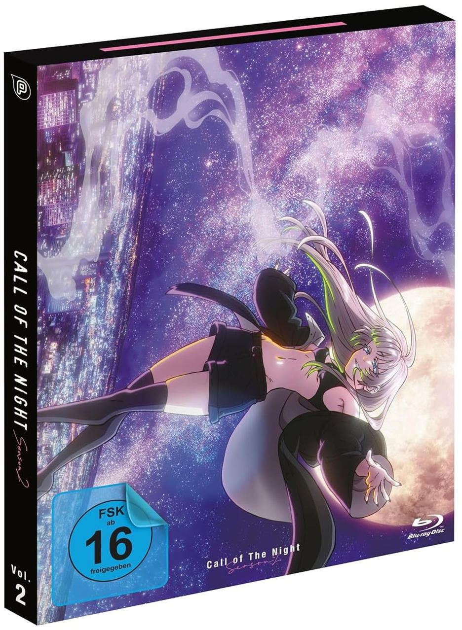 Anime-Blu-ray-Hülle mit blondem Mädchen, das nachts vor städtischem Hintergrund schwebt.