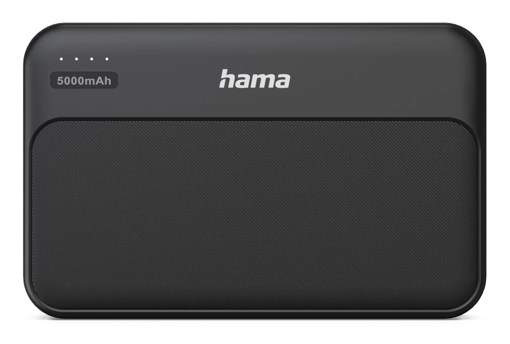 Czarny powerbank Hama o pojemności 5000 mAh ze wskaźnikiem LED i teksturowanym frontem na białym tle.