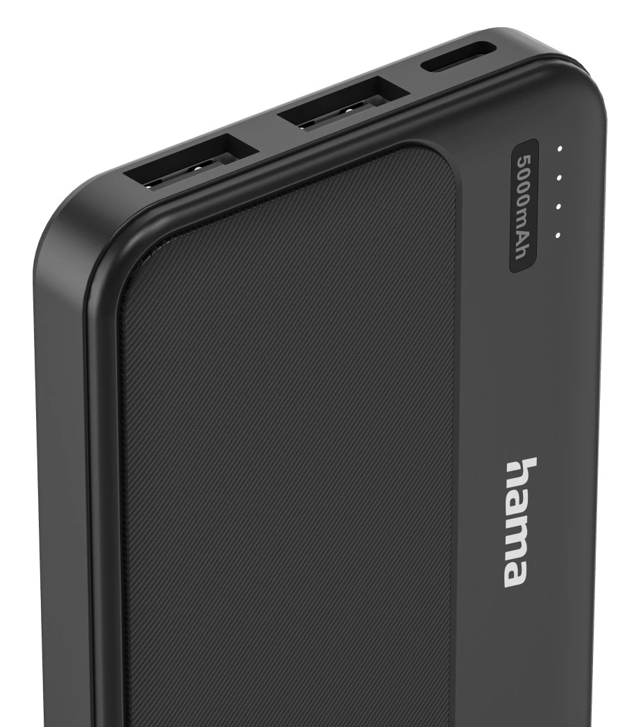 Czarny powerbank Hama 5000mAh z portami i wskaźnikiem LED.