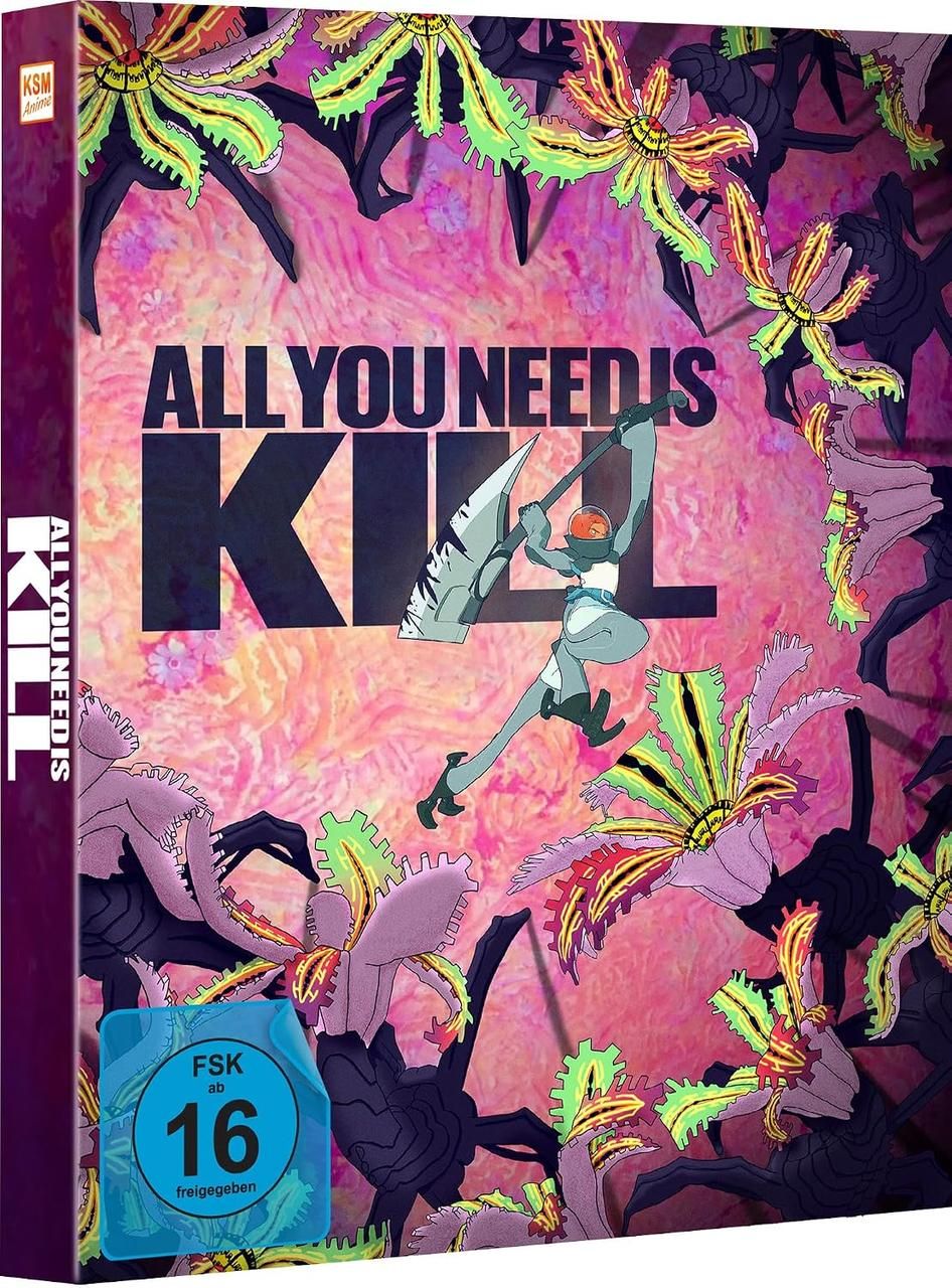 Coverbild mit Anime-Krieger in der Luft, umgeben von floralen Monstern und dem Schriftzug All You Need Is Kill.