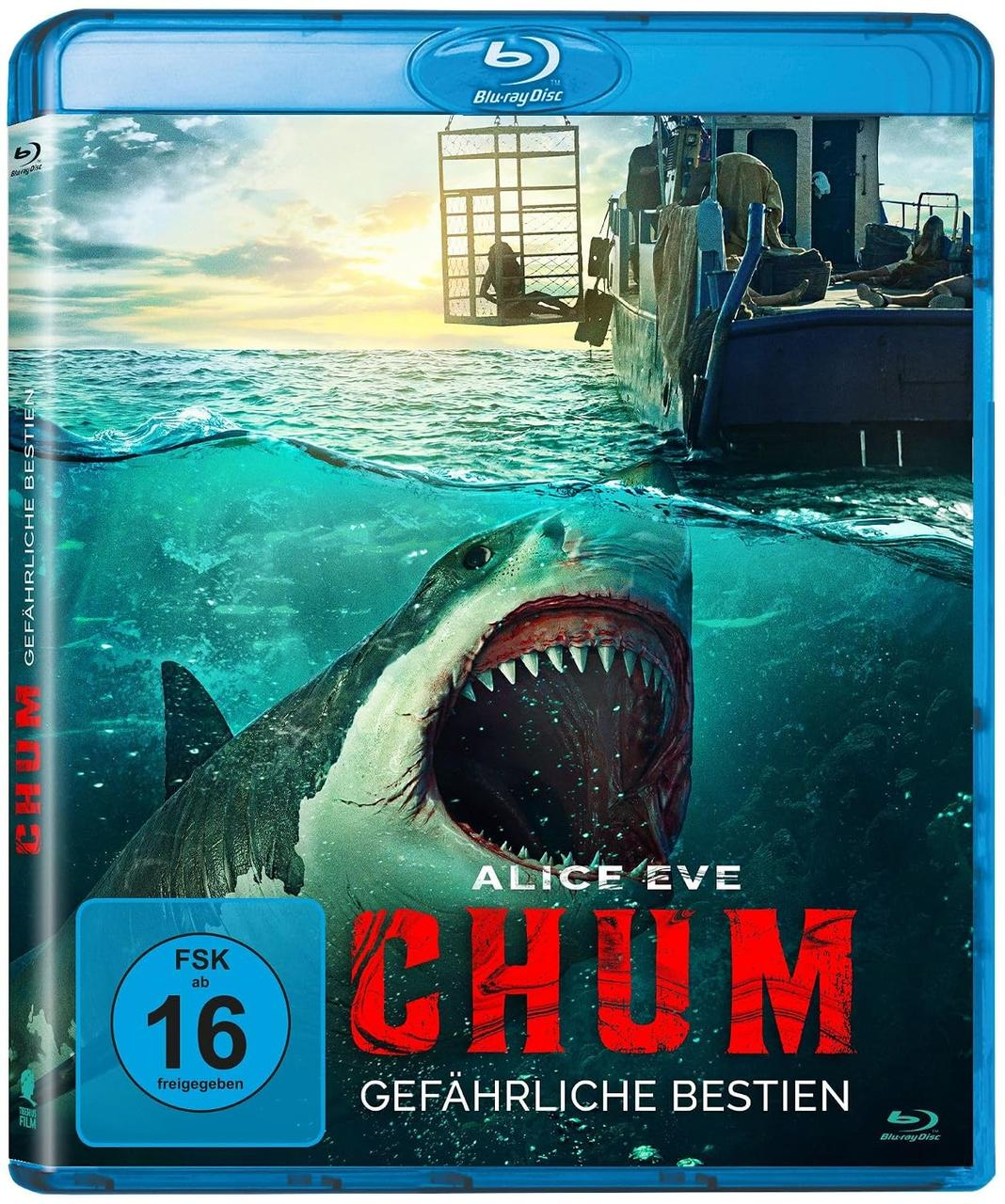 Ein blauer Blu-ray-Hülle zeigt einen großen Hai mit offenem Maul unter Wasser und ein Boot mit einem Käfig oben.