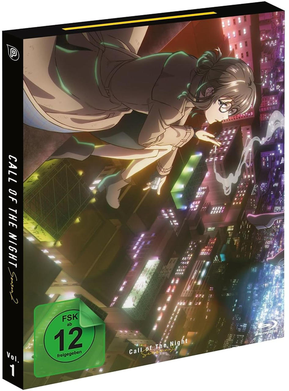Anime-Blu-ray-Hülle mit einer Frau, die über nächtlichen Stadtlichtern schwebt, mit FSK 12-Altersfreigabe.