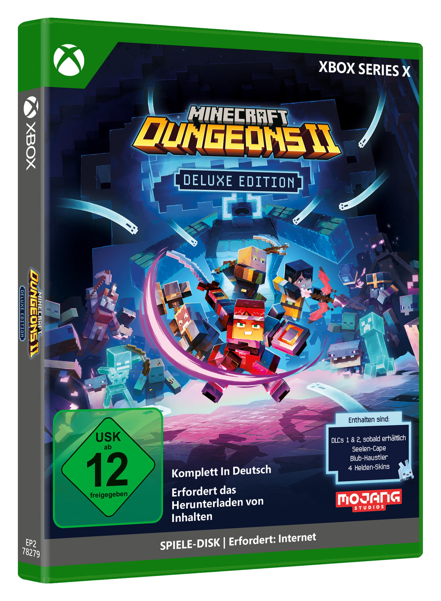 Xbox-Series-X-Spielhülle für Minecraft Dungeons II Deluxe Edition mit Blockcharakteren im Kampf.