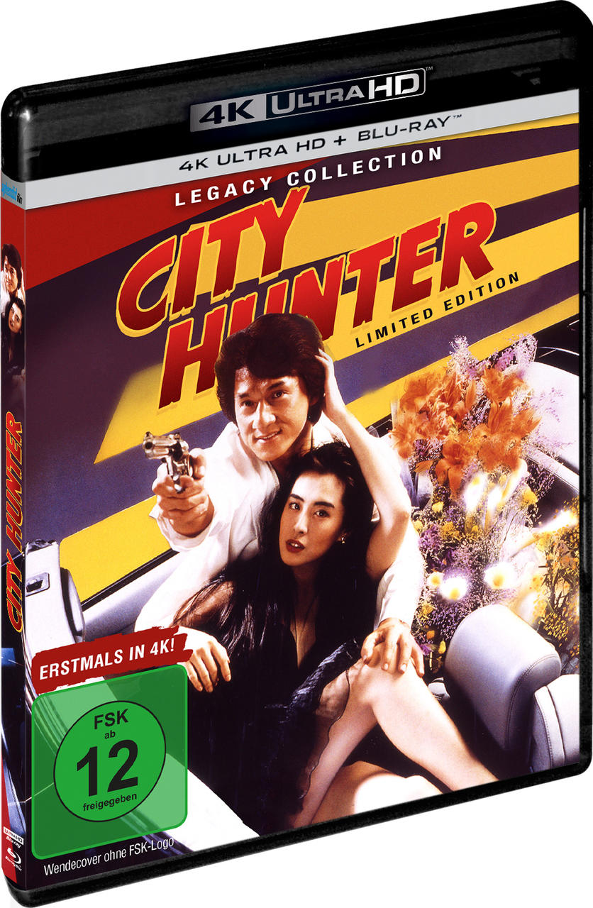 City Hunter Blu-ray-Cover mit Jackie Chan mit Waffe und einer Frau im Auto.