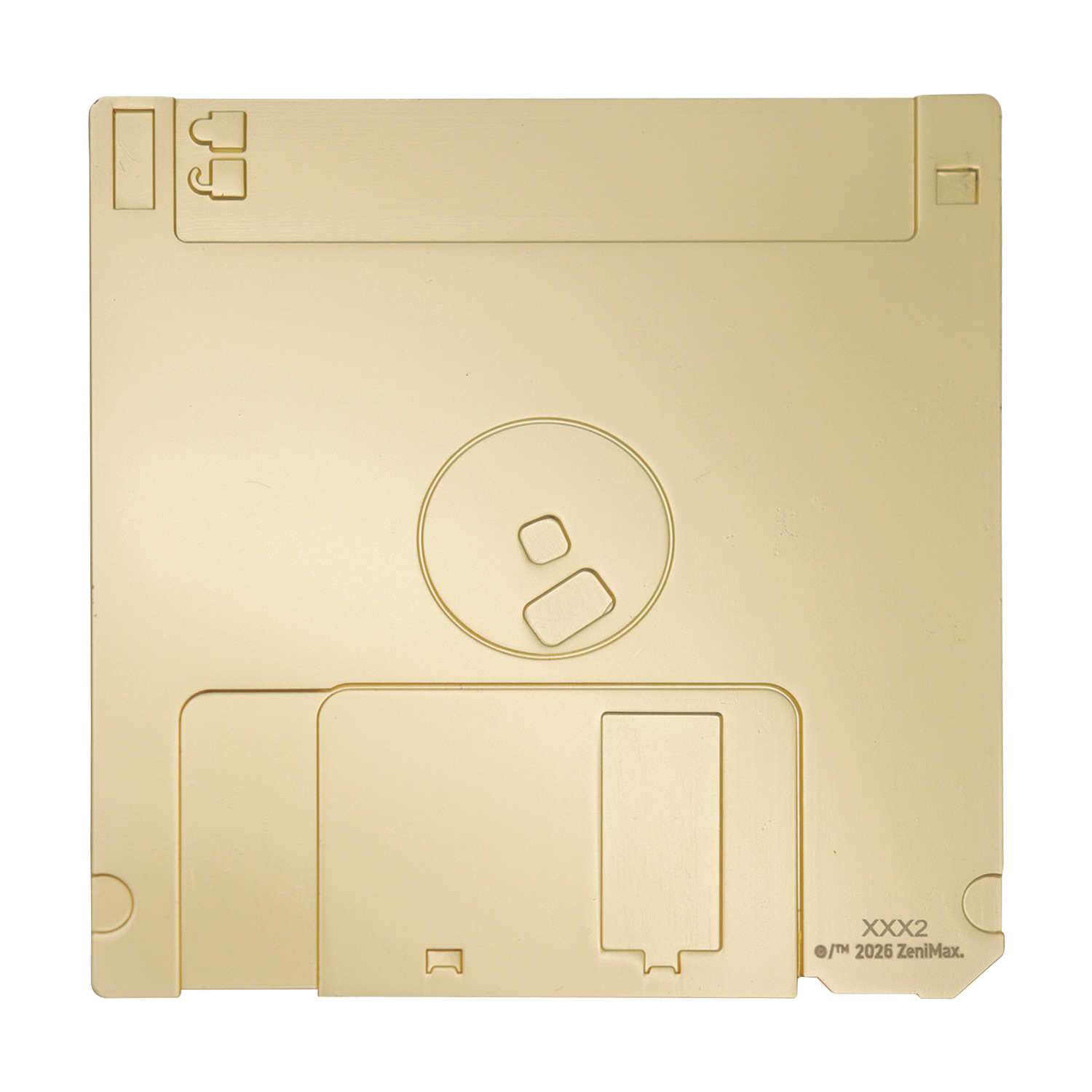 Un disquete dorado de 3.5 pulgadas aislado sobre fondo negro.