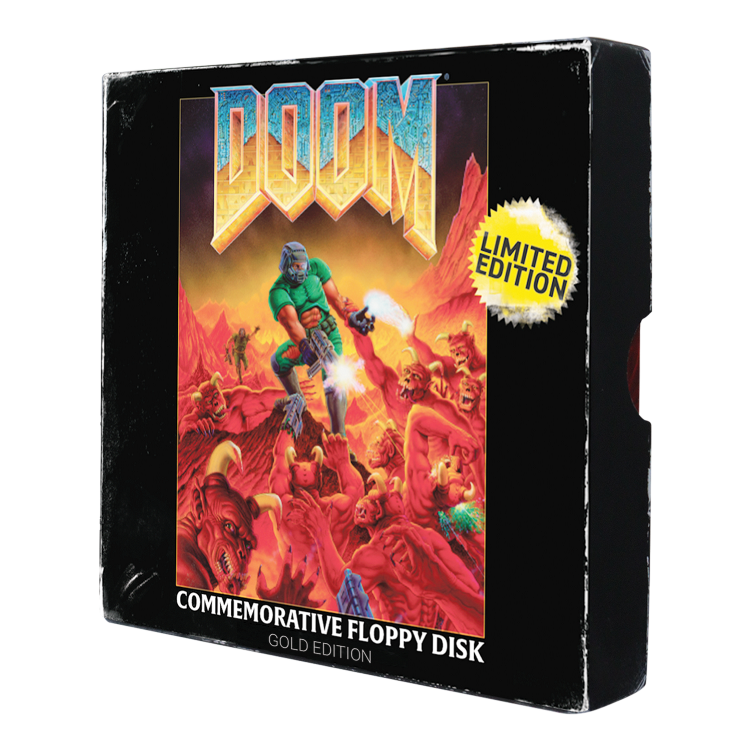 Caja de disquete edición limitada de Doom con un marine luchando contra demonios.