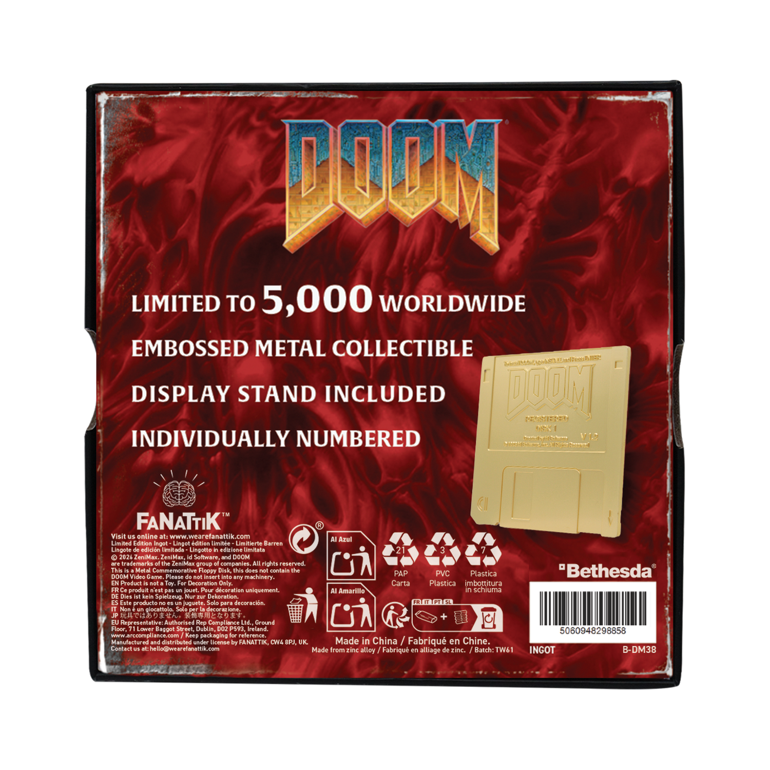 Embalaje del disco metálico coleccionable de Doom con fondo rojo, texto blanco e imagen del lingote de disquete dorado.