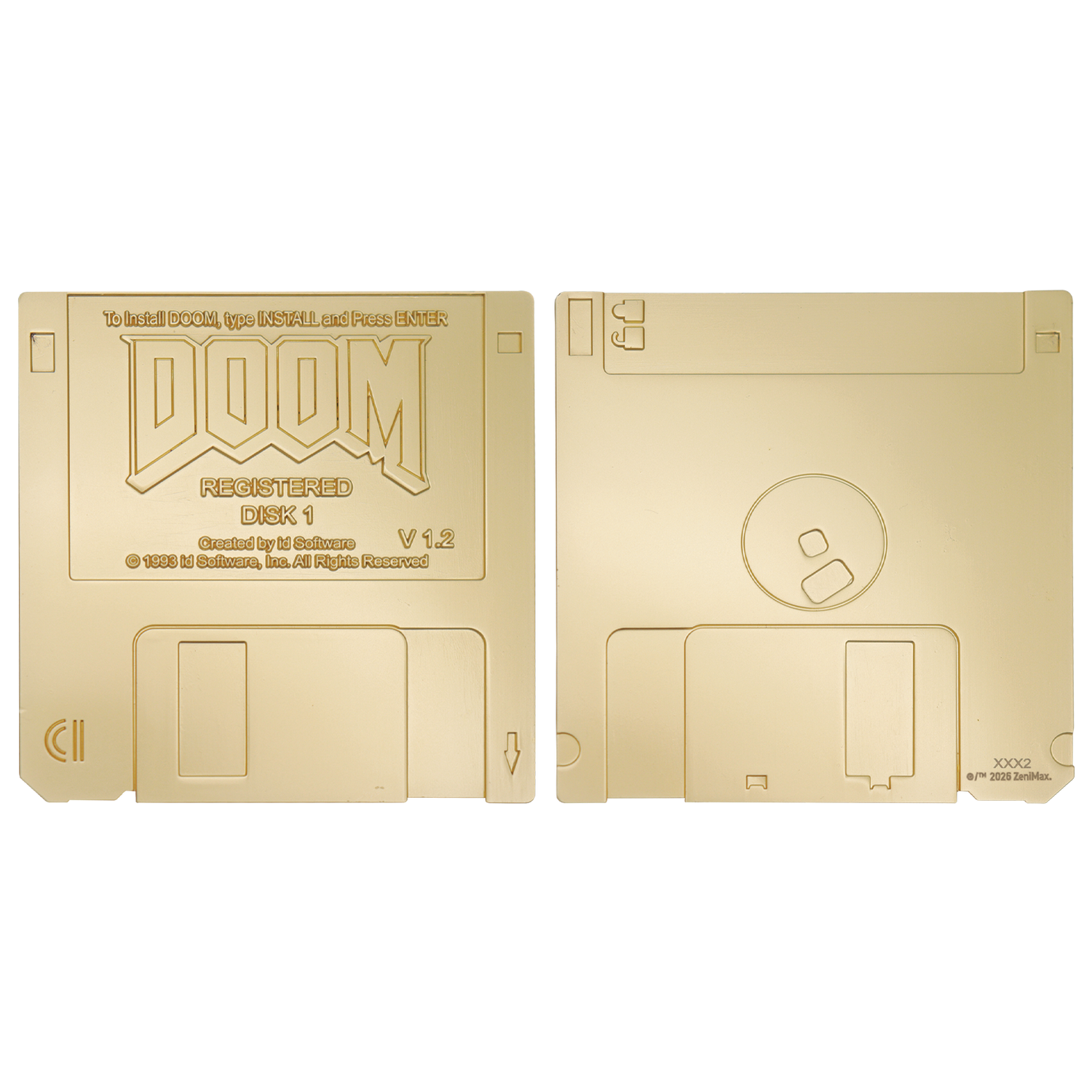 Dos brillantes disquetes dorados de 3.5 pulgadas que muestran el anverso y el reverso de un juego Doom Registered Disk 1.