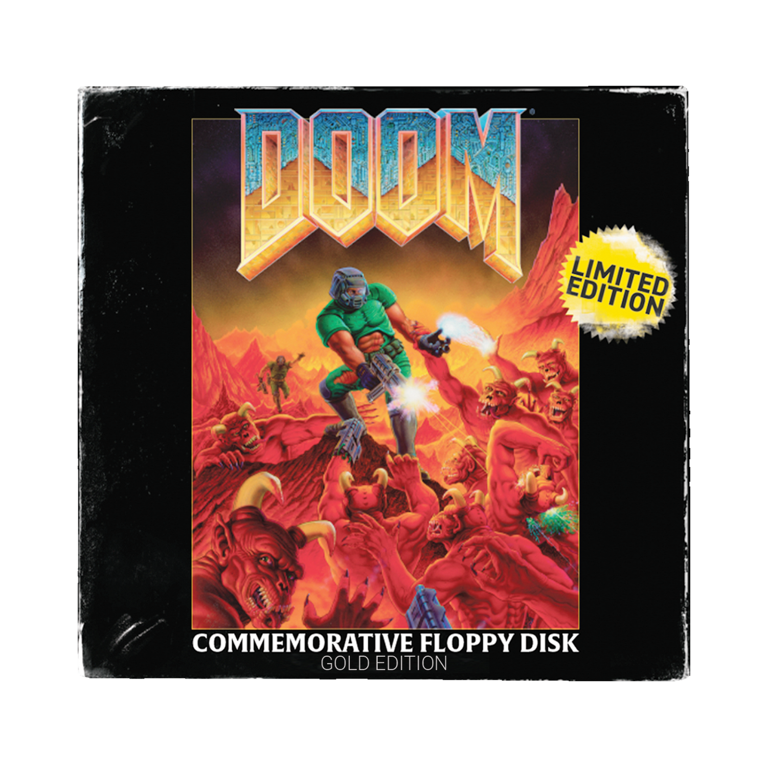 Marine de Doom luchando contra monstruos en fondo rojo con pegatina de edición limitada.