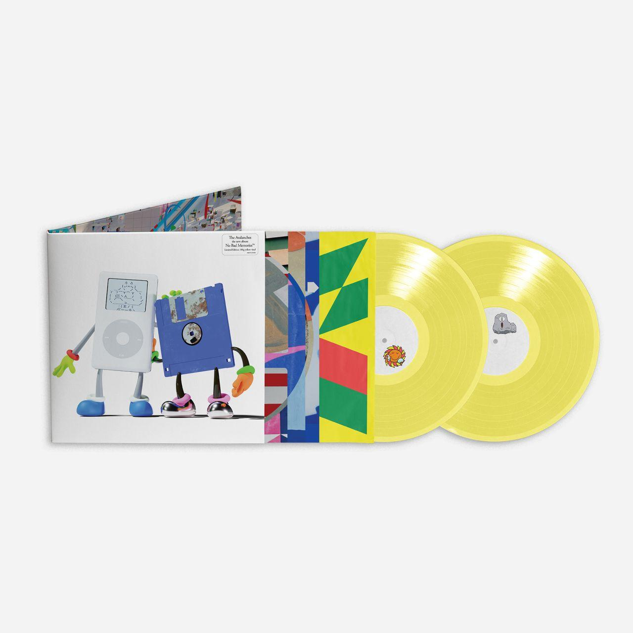 Ein Vinyl-Albumset zeigt eine weiße Musik-Player-Figur, eine blaue Diskette und zwei gelbe Schallplatten.