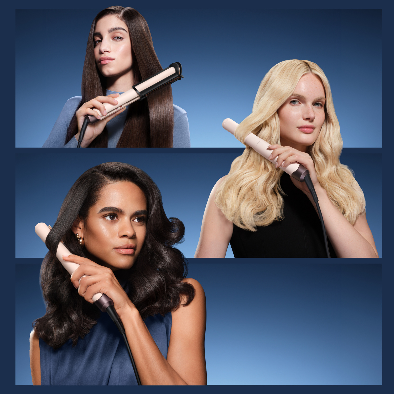 Tre donne con diversi tipi di capelli acconciano i capelli usando un ferro arricciacapelli rosa e nero su sfondo blu.