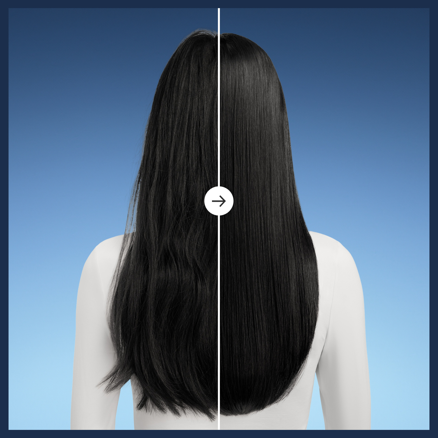 Confronto prima e dopo di capelli neri lisci e lucidi rispetto a capelli mossi su sfondo blu.