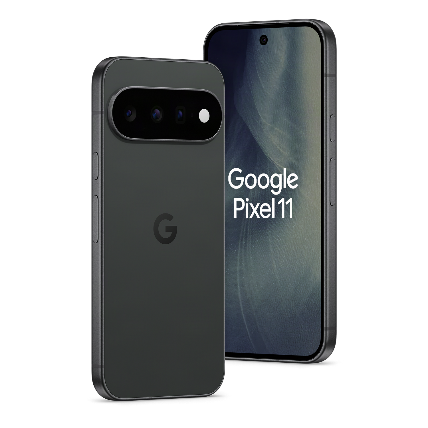 Dos smartphones Google Pixel 11 negros sobre fondo negro, uno mostrando la parte trasera y el otro la delantera.