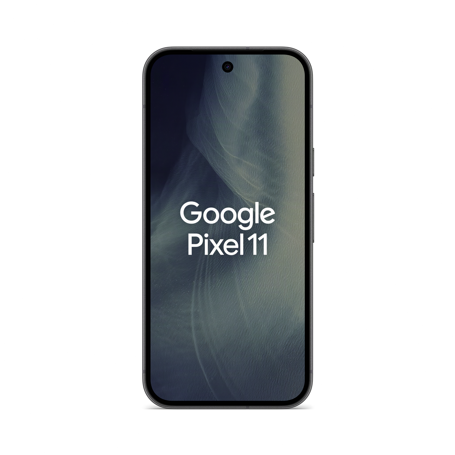 Un teléfono inteligente negro que muestra 'Google Pixel 11' en la pantalla sobre un fondo oscuro.