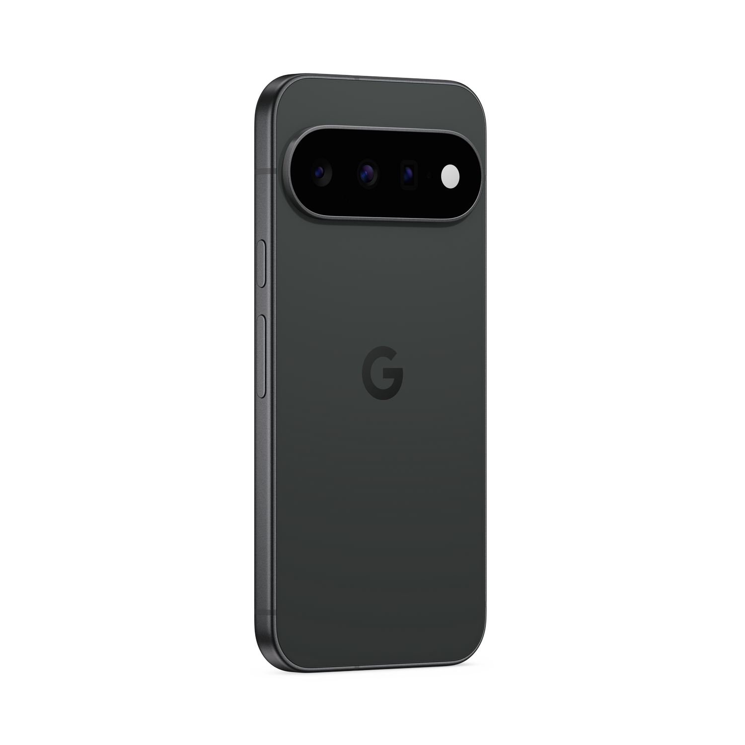 Parte trasera de un smartphone oscuro con módulo de cámara horizontal arriba y el logotipo de Google en el centro sobre fondo negro.