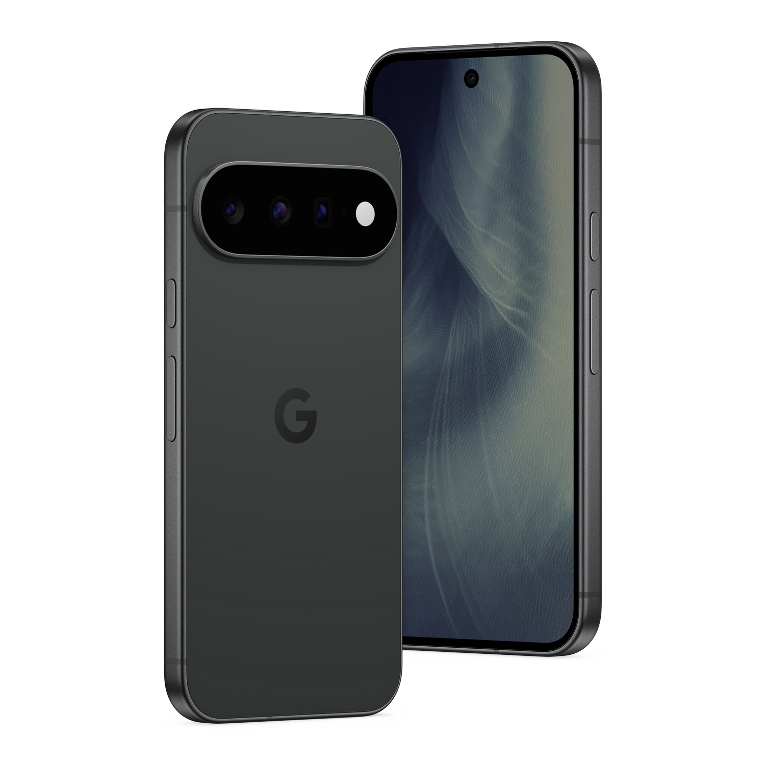Dos smartphones negros sobre fondo oscuro, uno mostrando la parte trasera con módulo de cámara y el otro la pantalla.