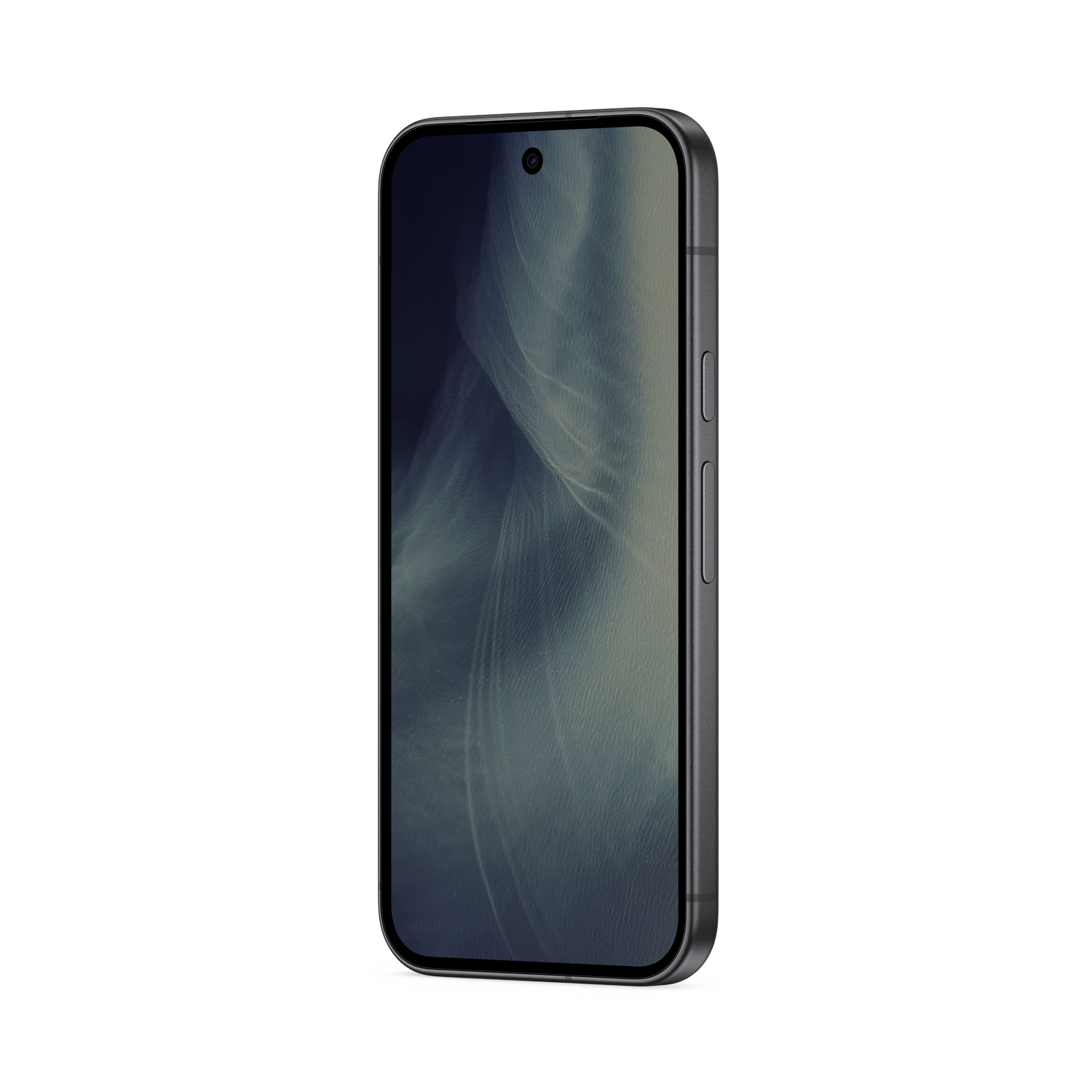 Un smartphone con carcasa oscura sobre fondo negro, la pantalla muestra un patrón de ondas abstracto azul.