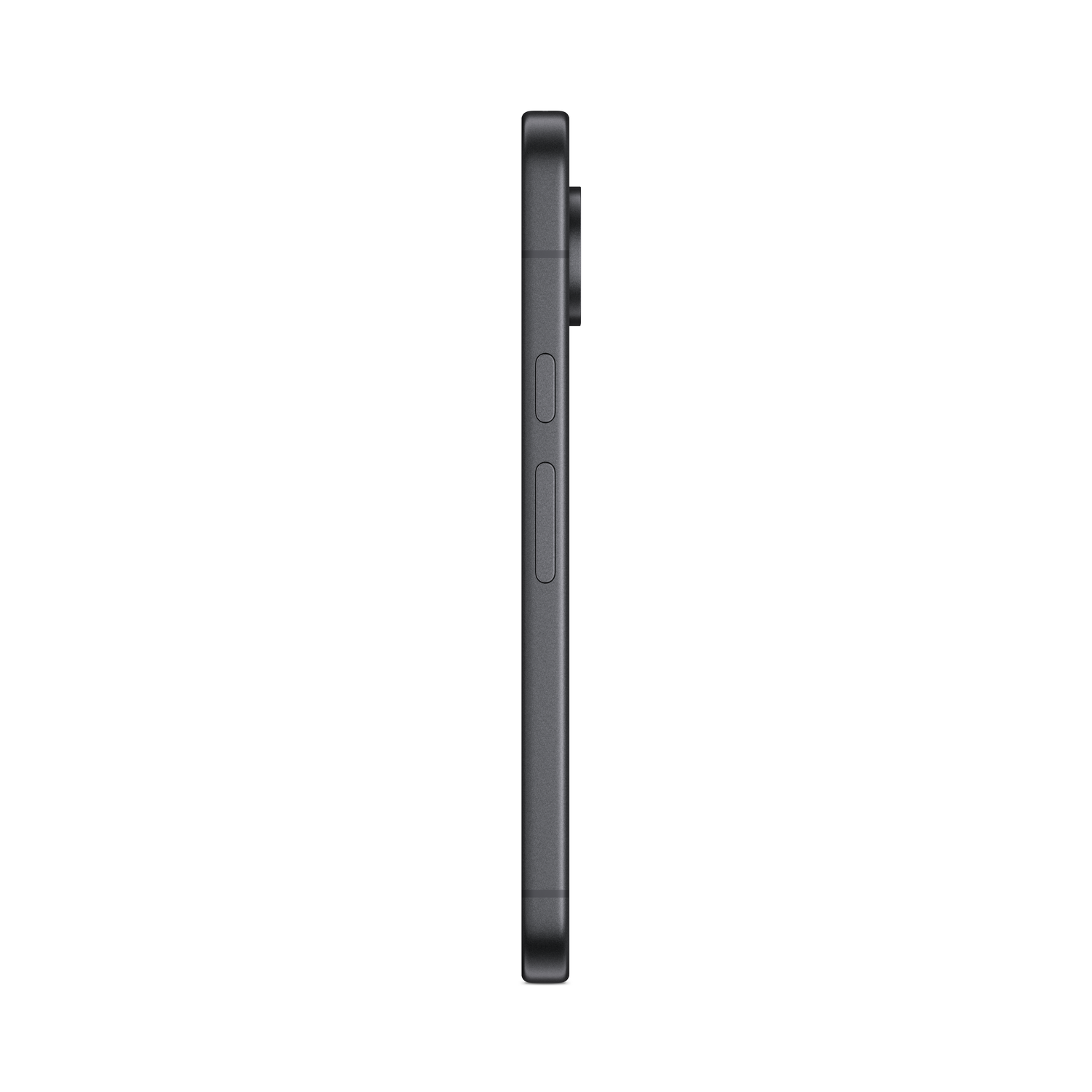Perfil lateral de un smartphone negro con botones y protuberancia de cámara sobre fondo negro.