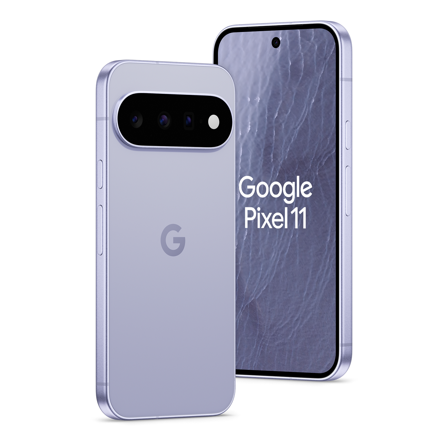 Dos teléfonos inteligentes Google Pixel 11 de color lila claro sobre fondo negro, uno mostrando la parte trasera.