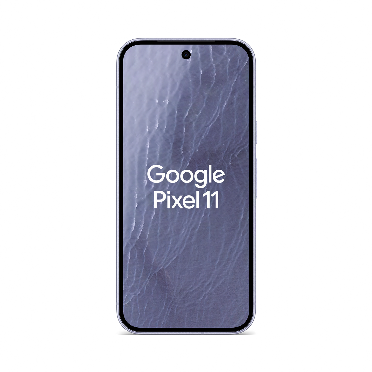 Un smartphone blanco Google Pixel 11 sobre fondo negro con un fondo de pantalla ondulado y texto blanco.