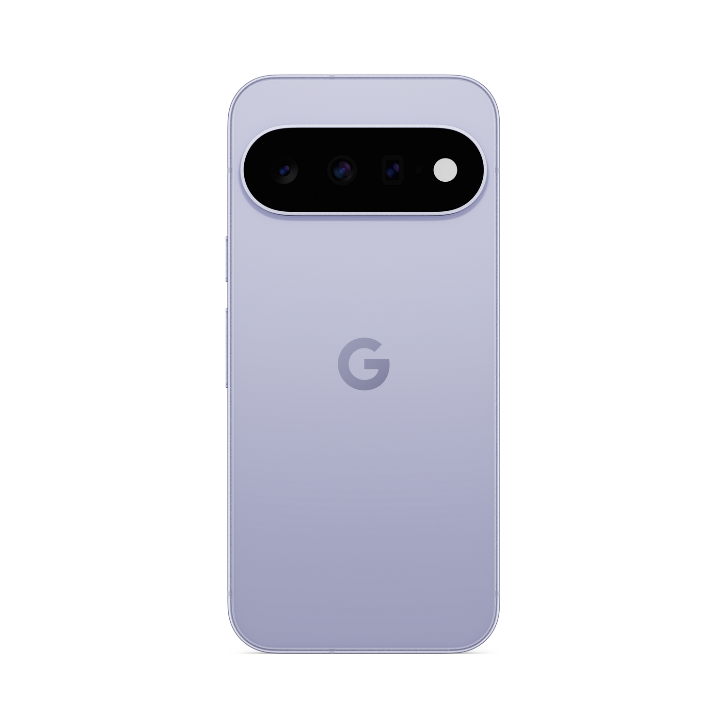 Parte trasera de un smartphone lila claro con una barra de cámara horizontal y el logotipo de Google.