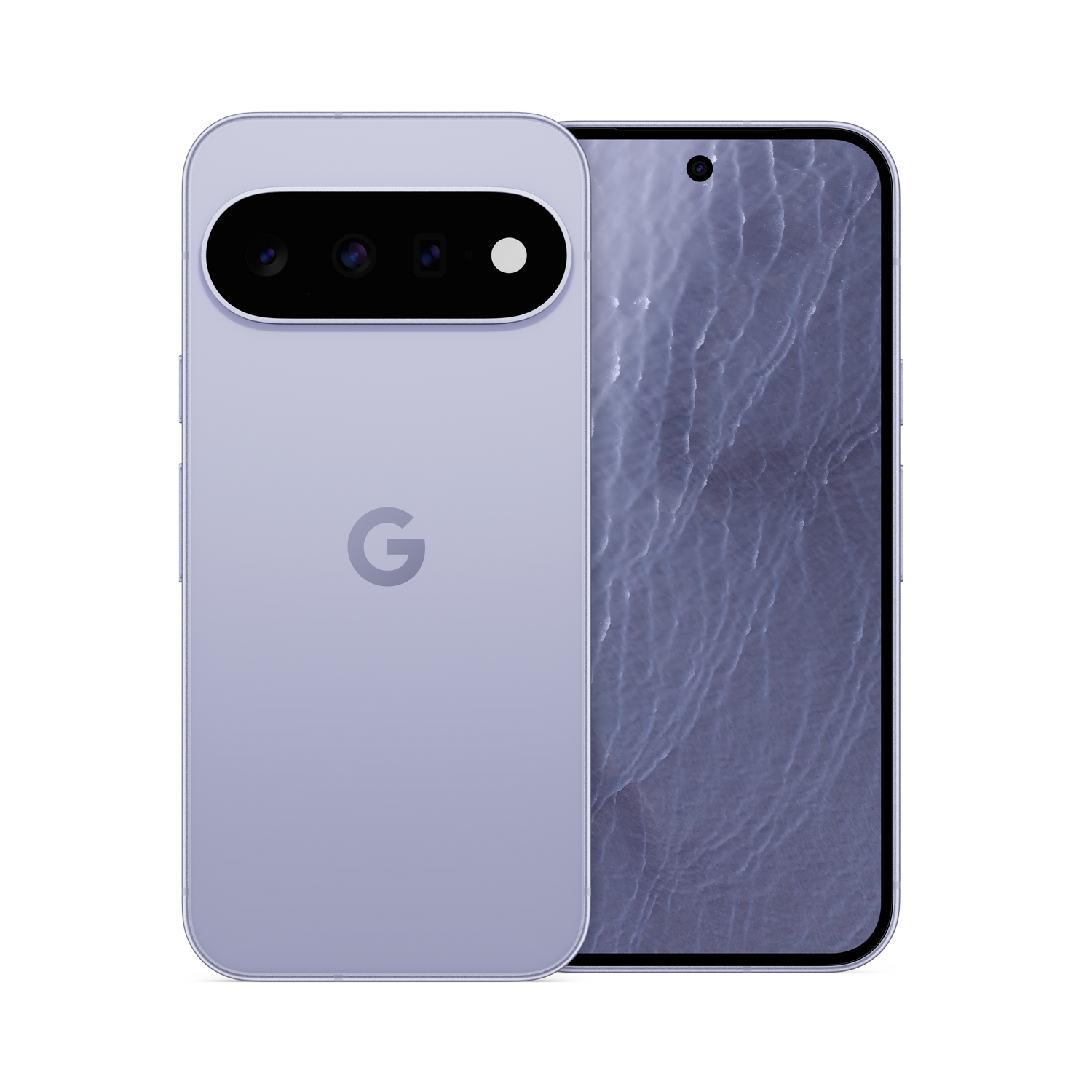 Un smartphone Google de color violeta claro visto de frente y de espaldas sobre fondo negro.