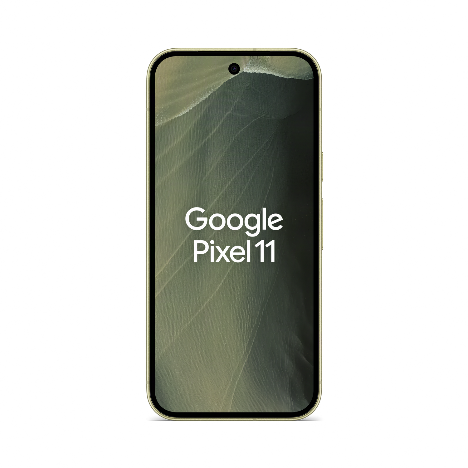 Un teléfono inteligente con Google Pixel 11 escrito en la pantalla, sobre un fondo negro.