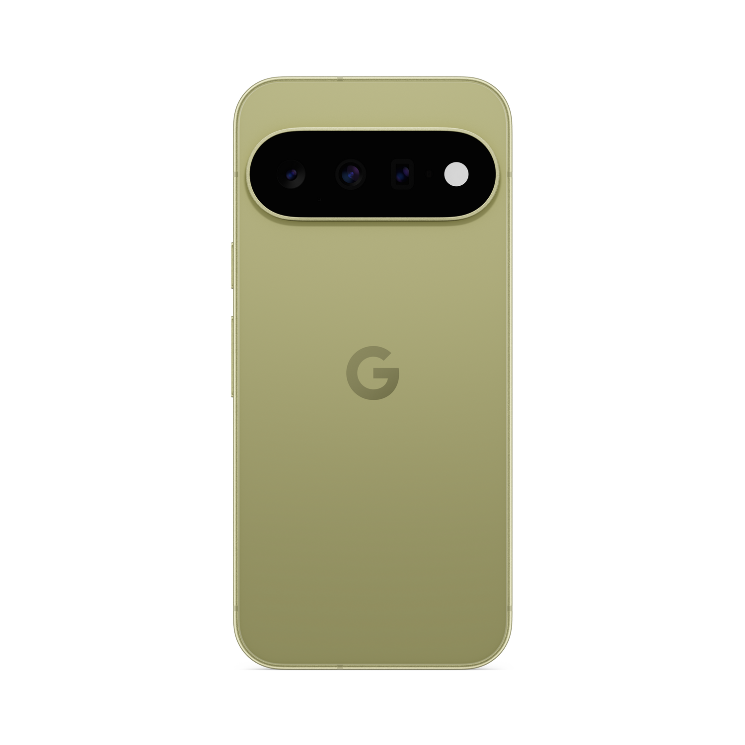Parte trasera de un smartphone Google Pixel verde claro con barra de cámara horizontal y logotipo G sobre fondo negro.