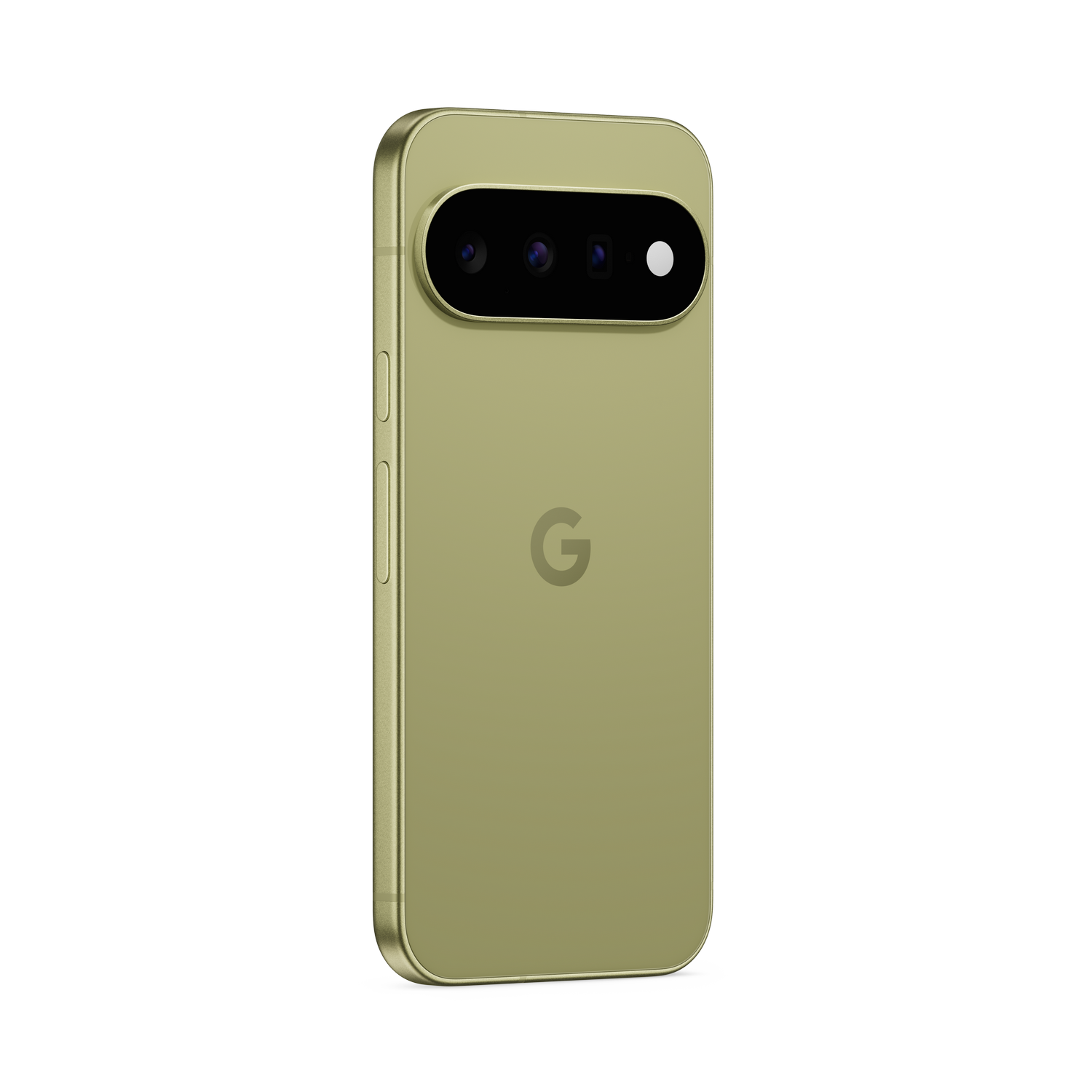Parte trasera de un smartphone verde claro con triple cámara horizontal y el logo de Google sobre fondo negro.