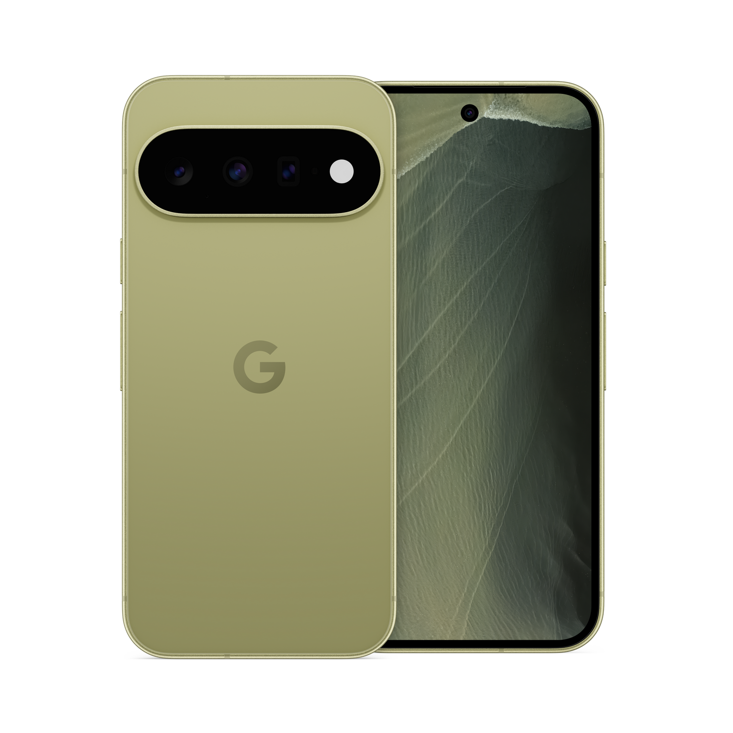 Un smartphone verde oliva, mostrando la parte trasera con cámara y logo de Google a la izquierda y pantalla a la derecha.