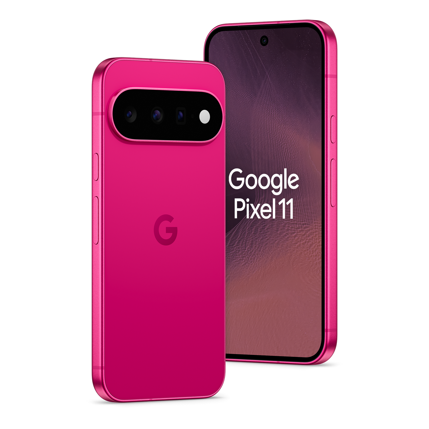 Dos smartphones Google Pixel 11 de color rosa sobre fondo negro, uno mostrando la parte delantera y otro la trasera.