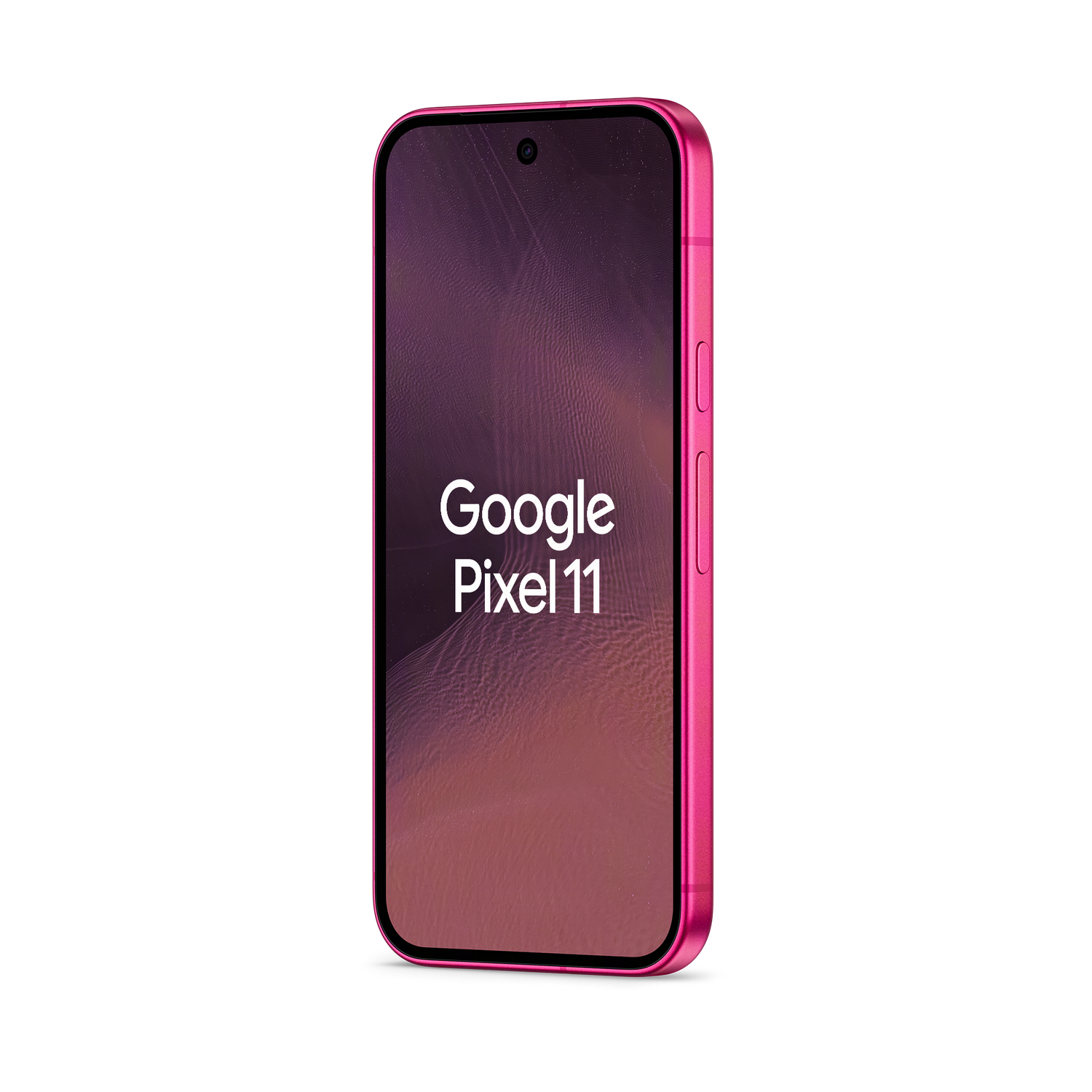 Un smartphone Google Pixel 11 rosa con esquinas redondeadas y el texto en la pantalla.