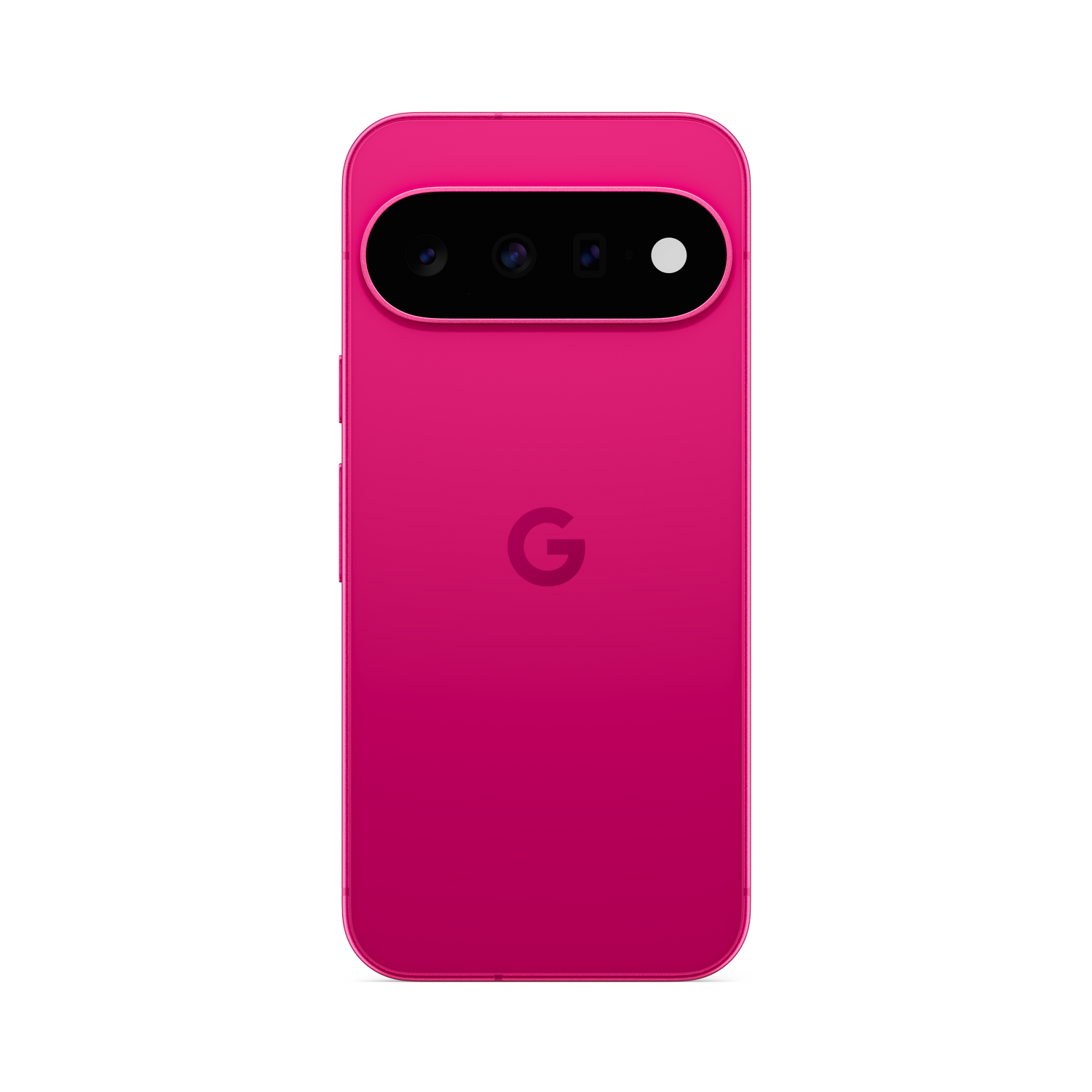 Parte trasera de un smartphone rosa brillante con barra de cámara horizontal y logotipo de Google sobre fondo negro.