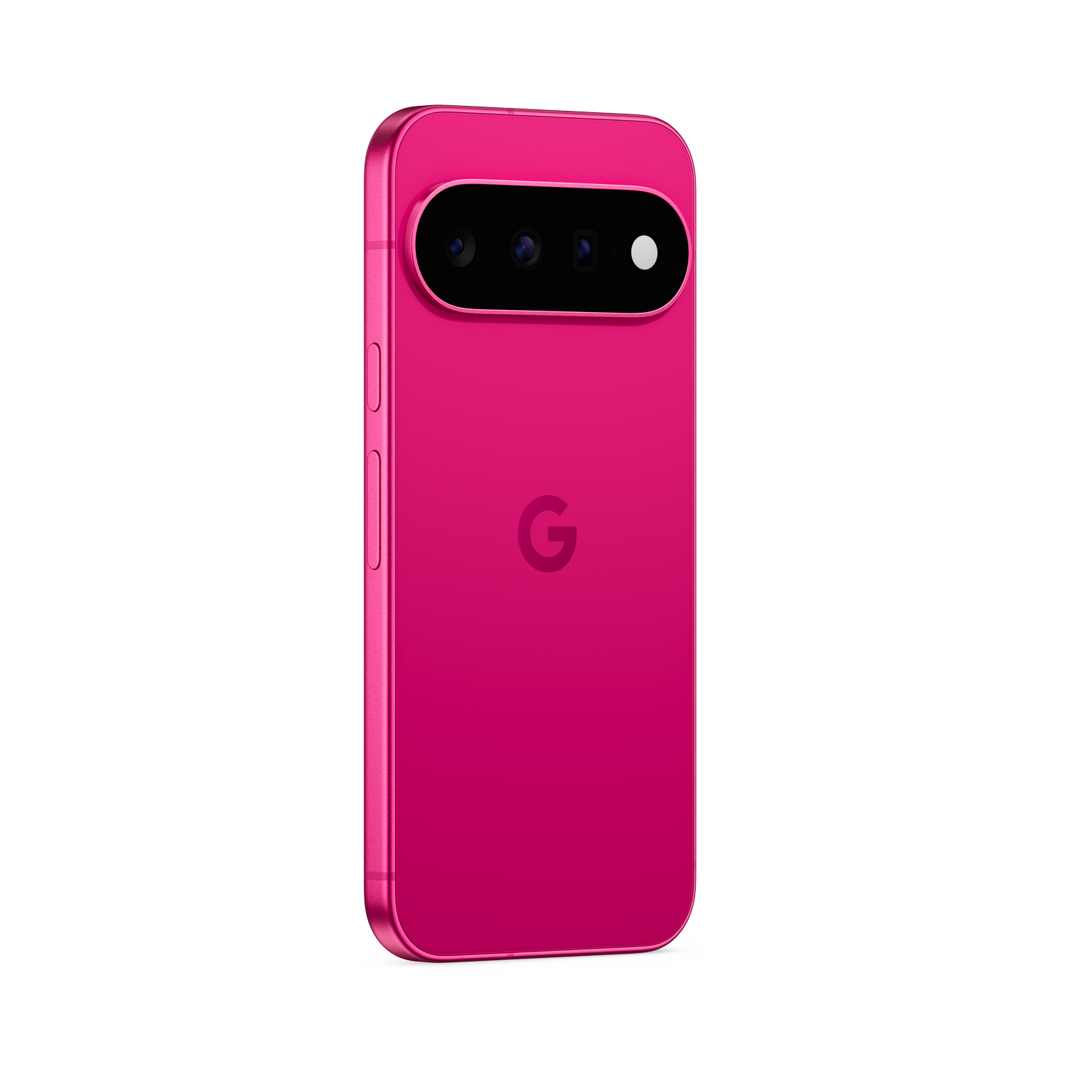 Un smartphone de color rosa vibrante con un módulo de triple cámara horizontal en la parte trasera y el logotipo de Google.