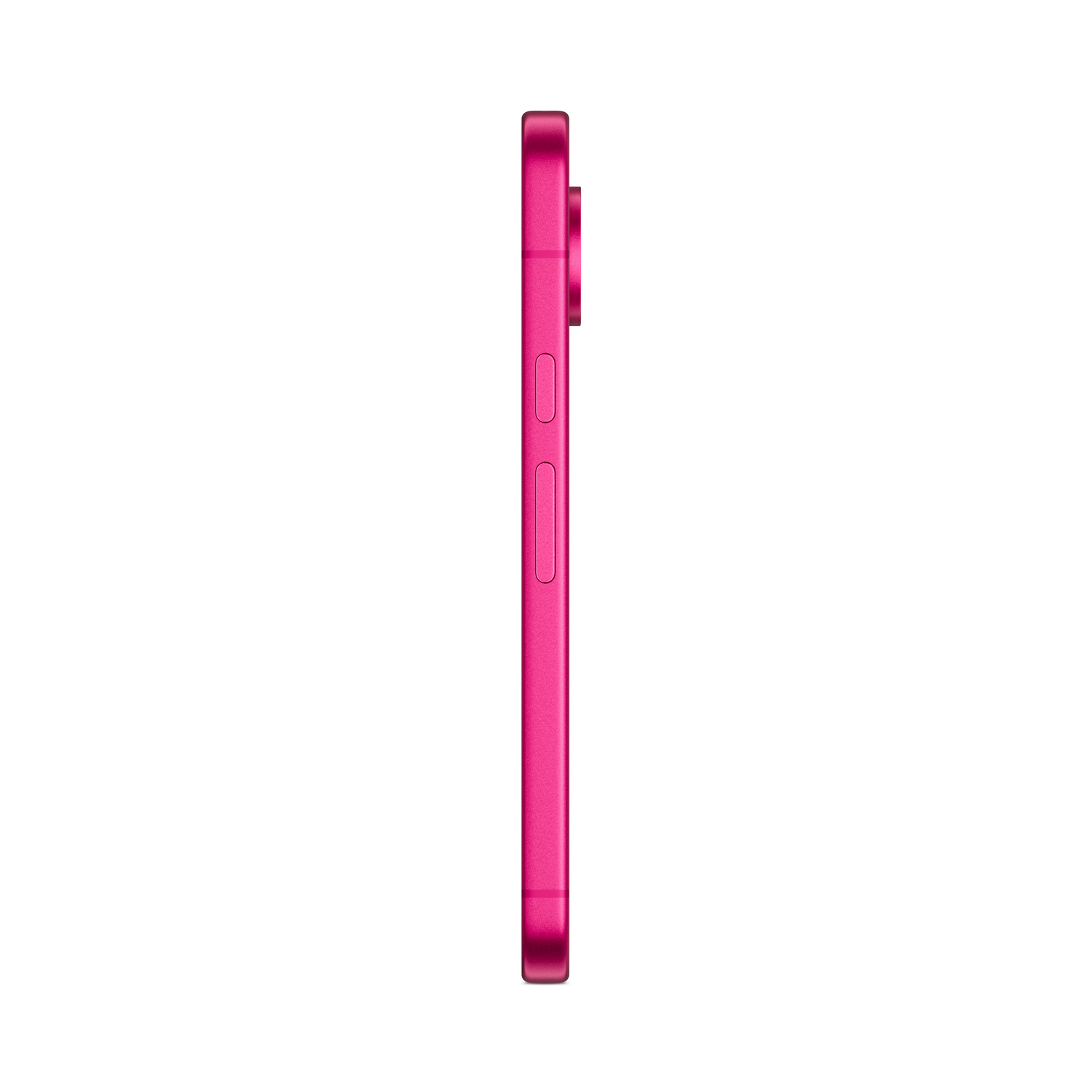 Vista lateral de un smartphone rosa con marco plano y botones físicos sobre un fondo negro.