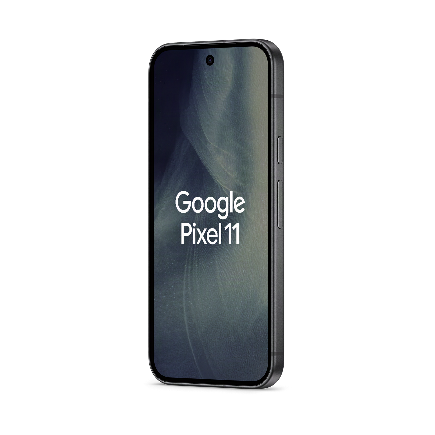 Un teléfono inteligente Google Pixel 11 oscuro con texto en la pantalla, aislado en fondo negro.