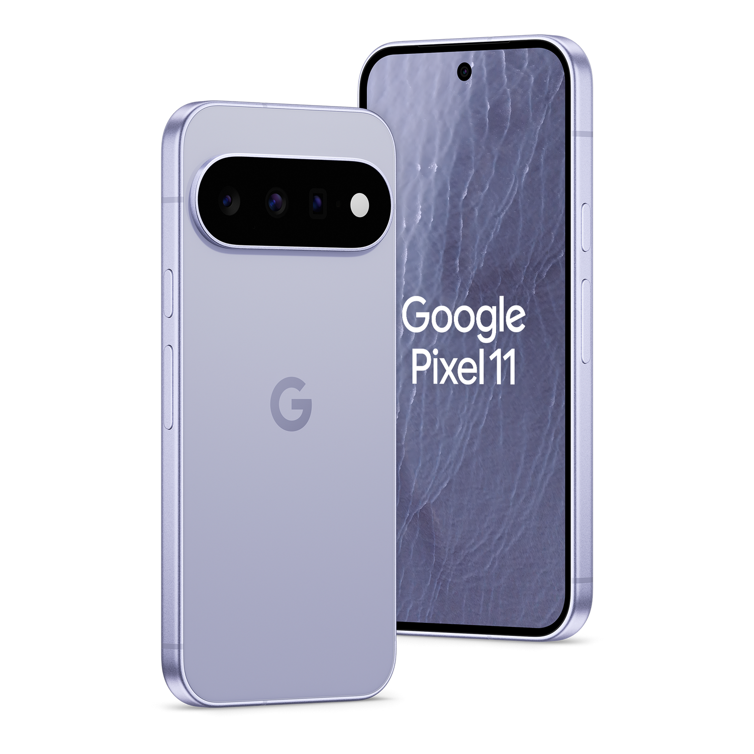 Dos smartphones Google Pixel 11 azul claro sobre fondo negro, uno mostrando la parte trasera y el otro la delantera.