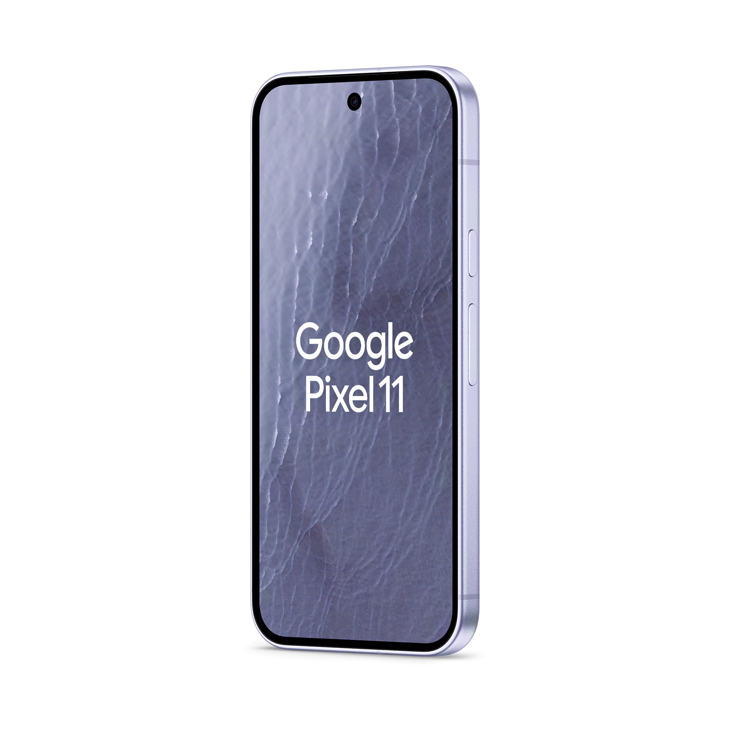 Un smartphone Google Pixel 11 morado claro sobre fondo negro, con textura de agua y texto en la pantalla.