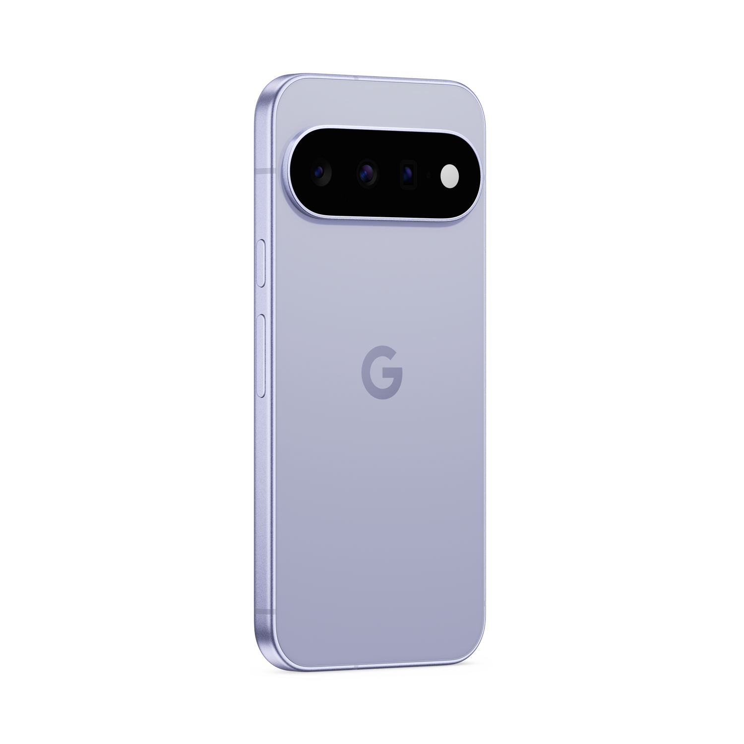 Parte trasera de un smartphone morado claro con barra de cámara horizontal y logotipo de Google.