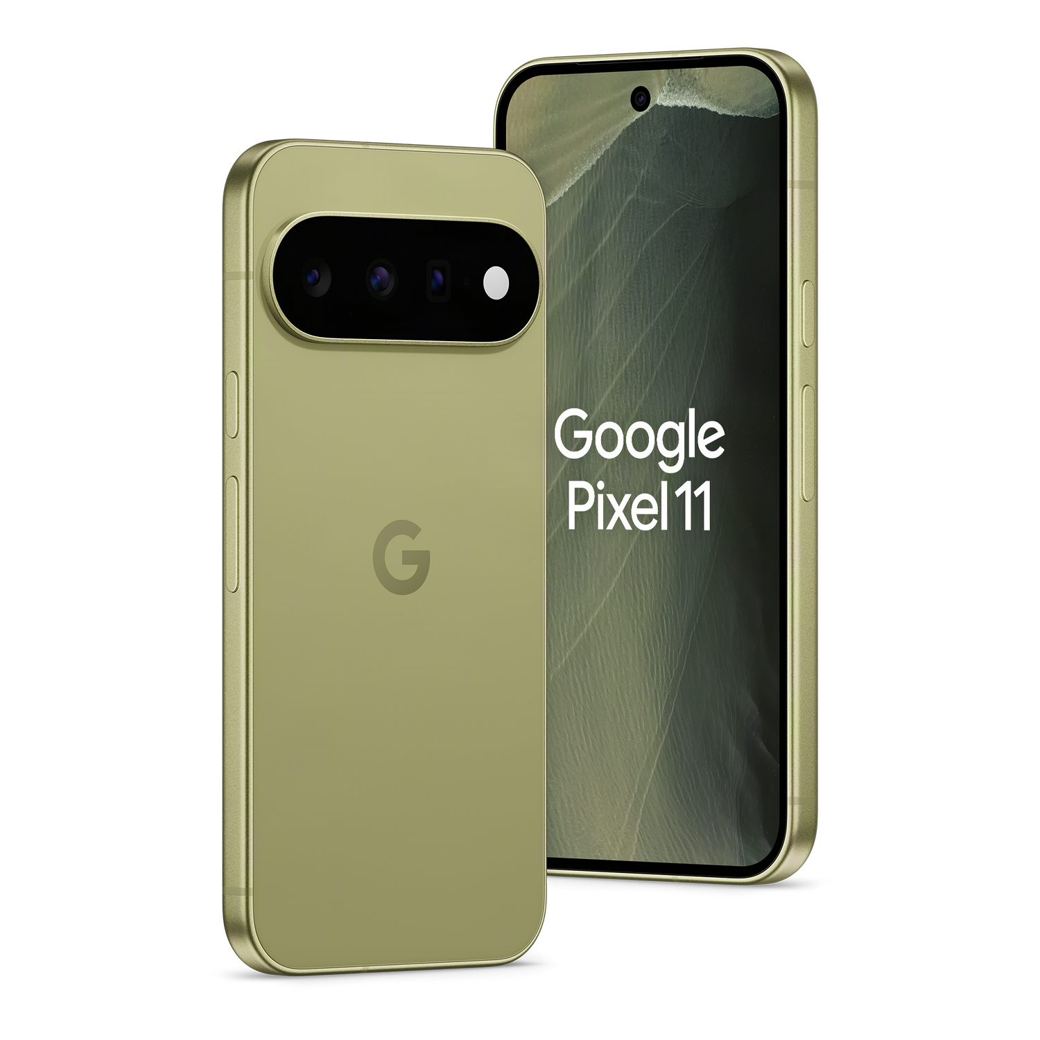 Dos teléfonos inteligentes Google Pixel 11 verde salvia con cámara sobre fondo negro.