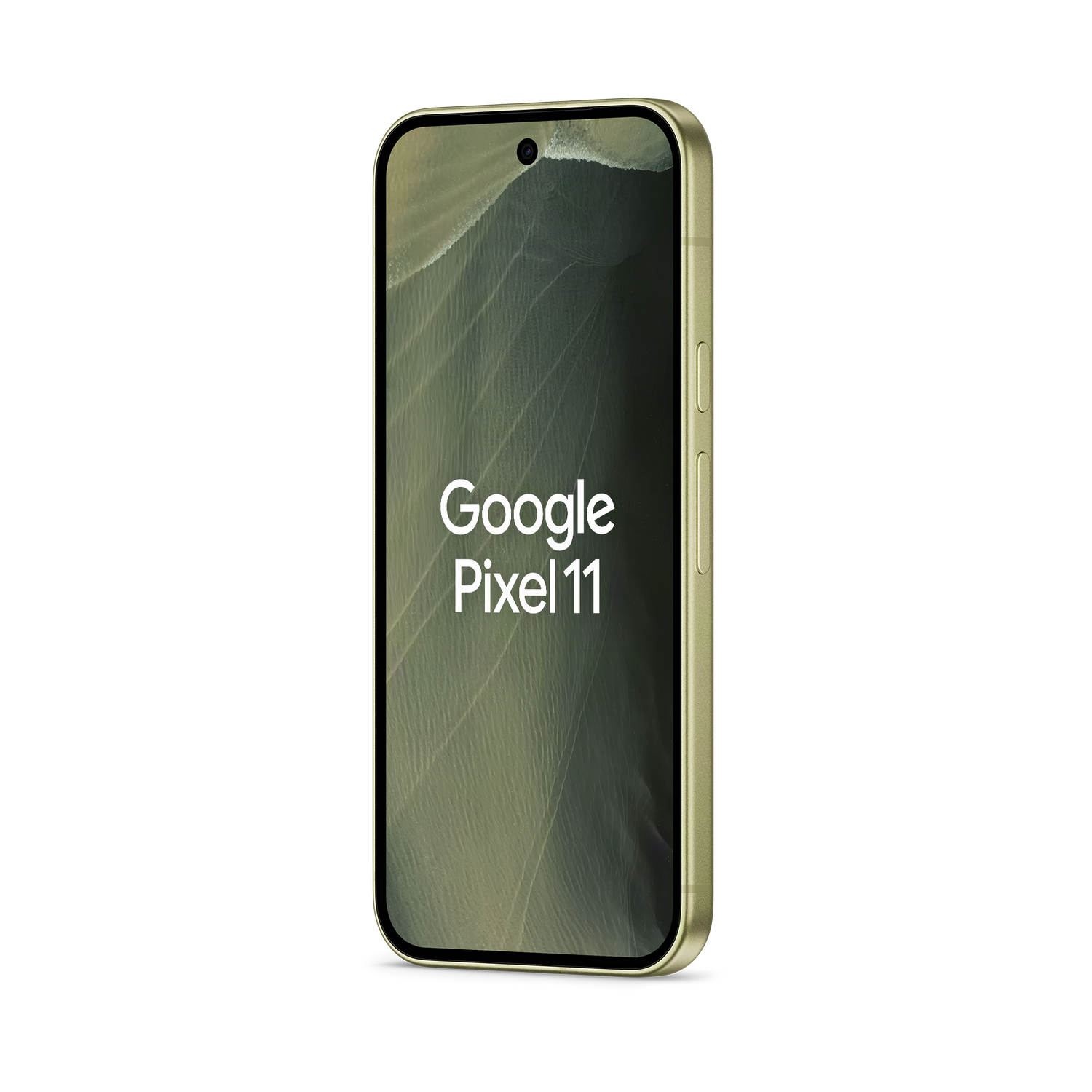 Smartphone Google Pixel 11 de color dorado con fondo de pantalla en la pantalla sobre fondo negro.