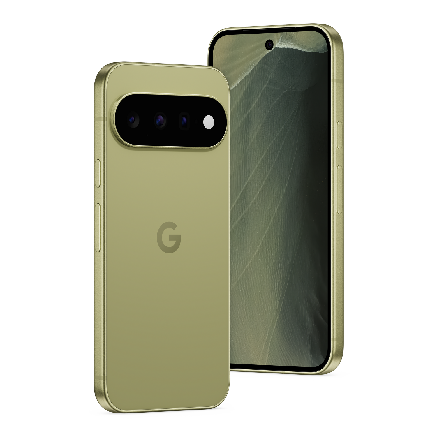 Dos smartphones verde oliva sobre fondo negro, uno muestra la parte trasera con módulo de cámara y el otro la delantera.