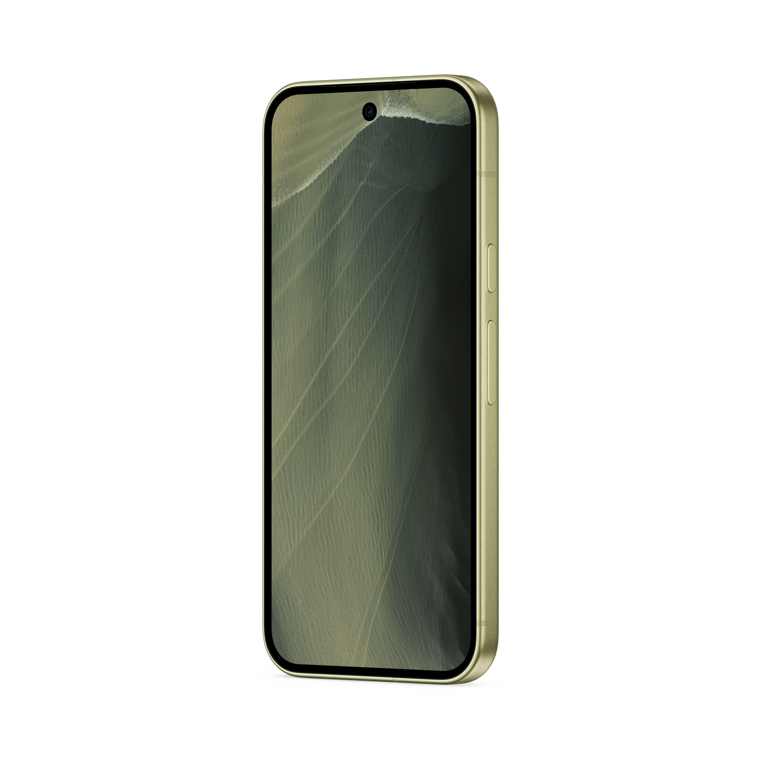 Un smartphone con marco dorado y fondo de pantalla de playa aérea se encuentra centrado sobre fondo negro.