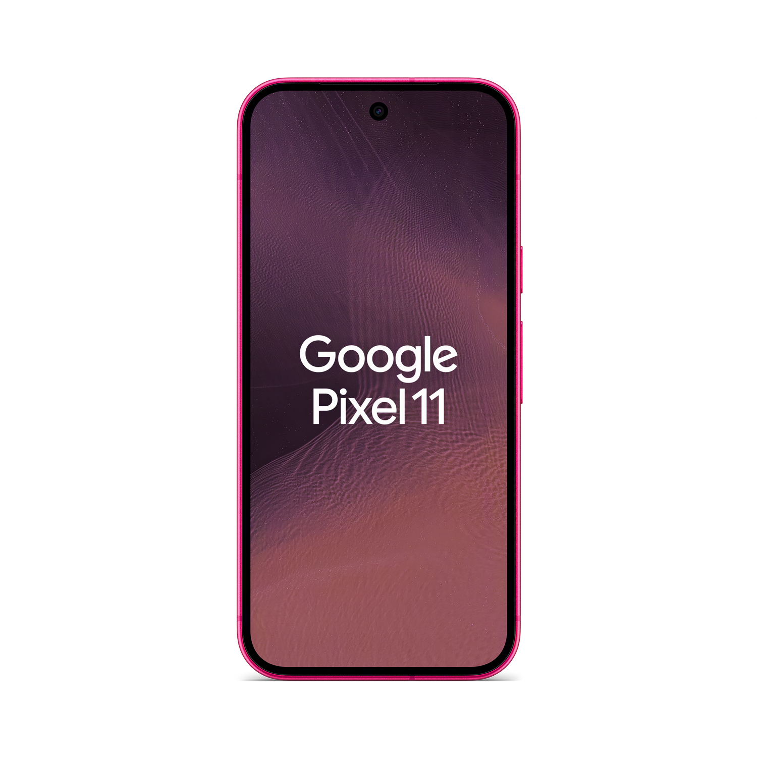 Un teléfono inteligente rosa con Google Pixel 11 en la pantalla, sobre fondo negro.