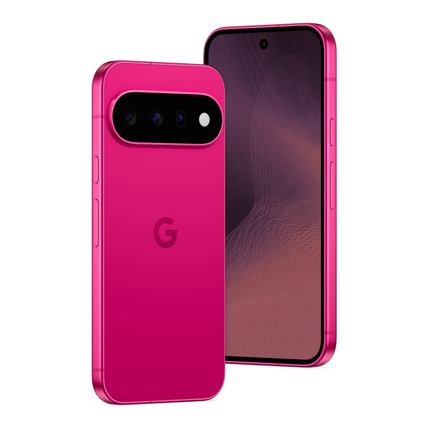 Dos smartphones Google Pixel de color rosa brillante sobre fondo negro, uno mostrando la parte trasera y otro la frontal.