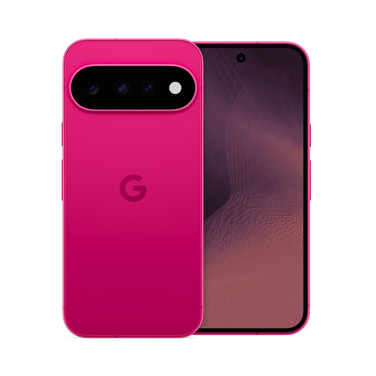 Teléfono Google Pixel de color rosa brillante mostrado con su cámara trasera y pantalla frontal sobre fondo negro.