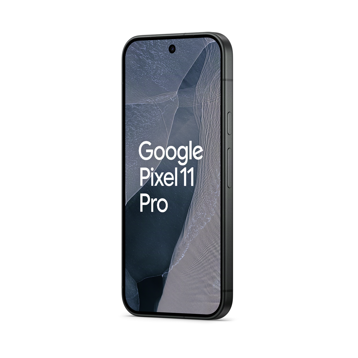 Un teléfono inteligente Google Pixel 11 Pro negro con fondo de pantalla abstracto y texto en la pantalla, sobre fondo negro.