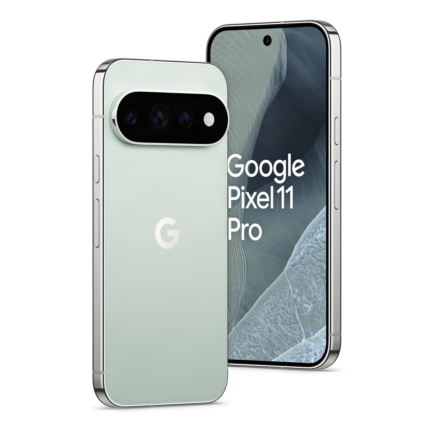 Dos teléfonos inteligentes Google Pixel 11 Pro verde claro con marcos plateados sobre fondo negro.