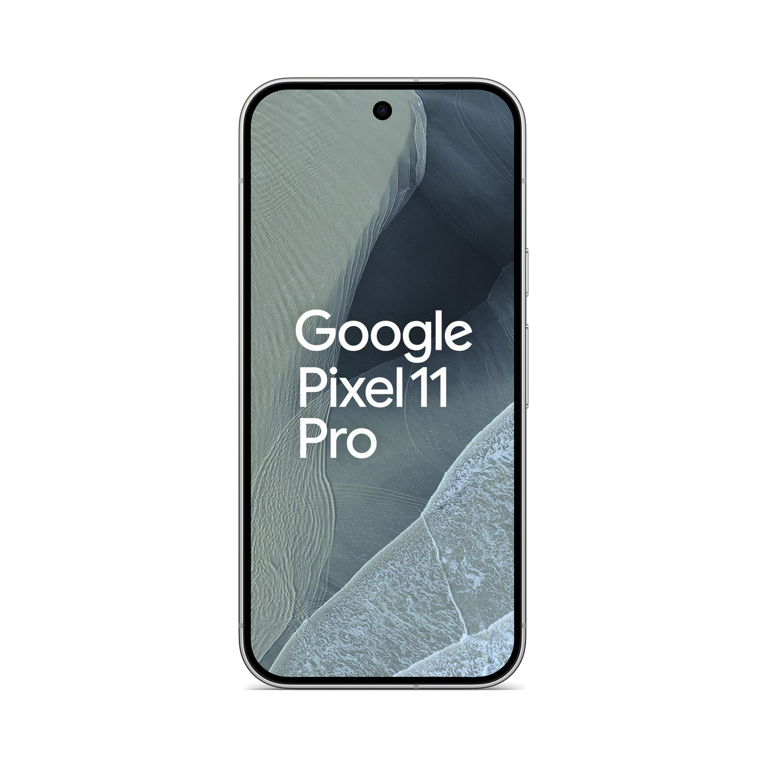 Un teléfono sobre fondo negro muestra el texto Google Pixel 11 Pro sobre un fondo de paisaje aéreo abstracto.