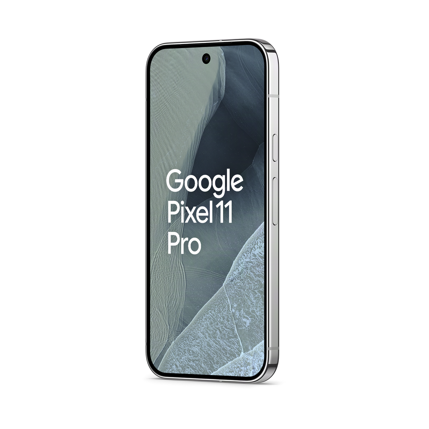 Un teléfono inteligente plateado sobre fondo negro que muestra el texto Google Pixel 11 Pro.